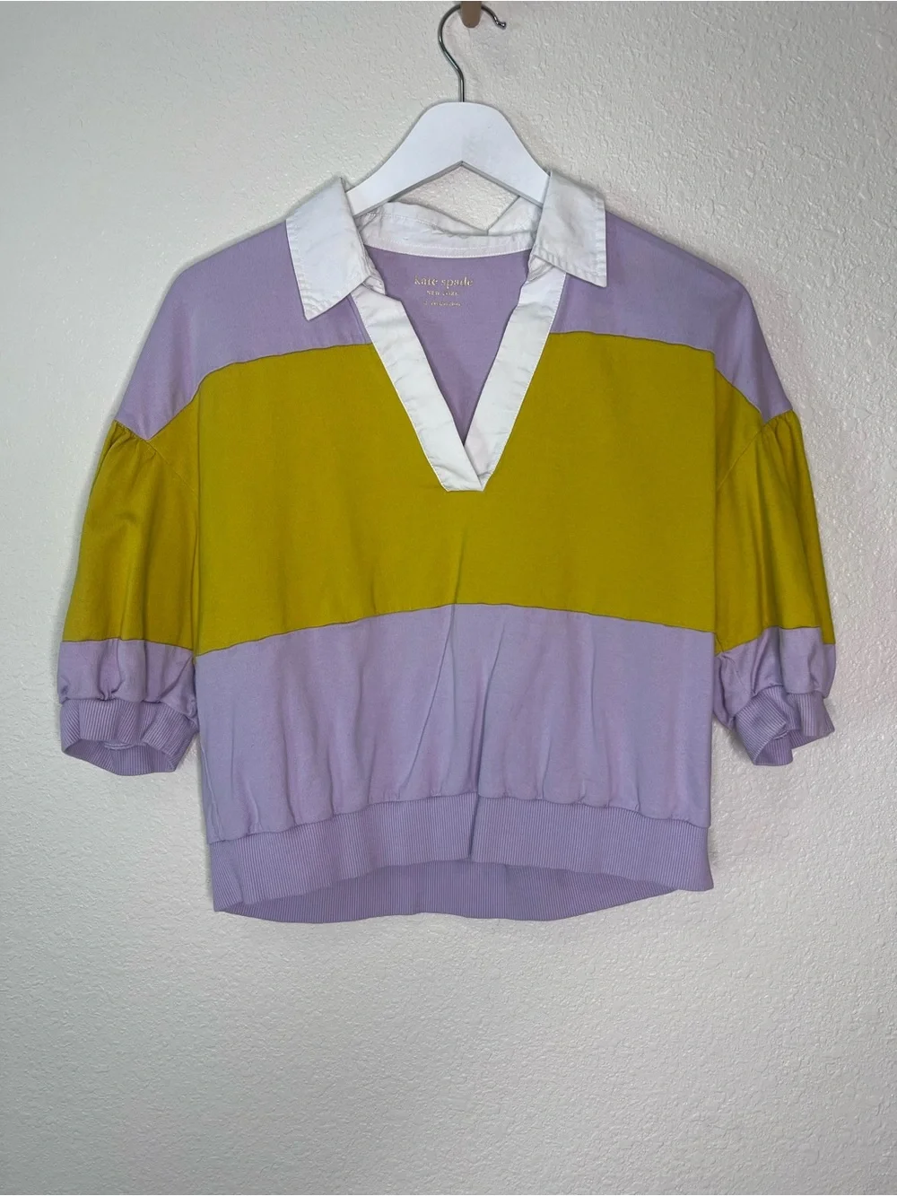 Kate Spade New York Purple Yellow Puff Sleeve Polo Top M 100% Cotton